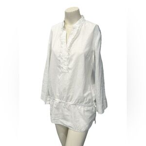 Lilly Pulitzer LINEN Tunic Top Women 6 White Ruffled Button Neck Roll Tab Sleeve